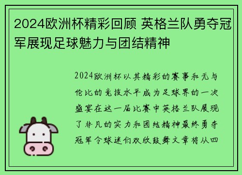 2024欧洲杯精彩回顾 英格兰队勇夺冠军展现足球魅力与团结精神
