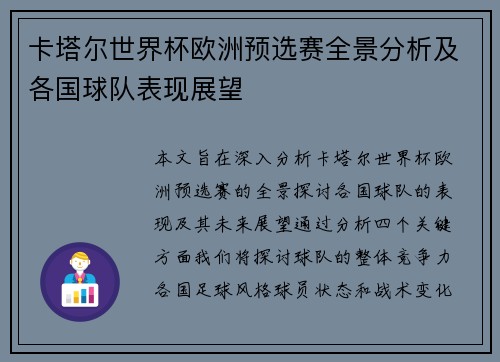 卡塔尔世界杯欧洲预选赛全景分析及各国球队表现展望